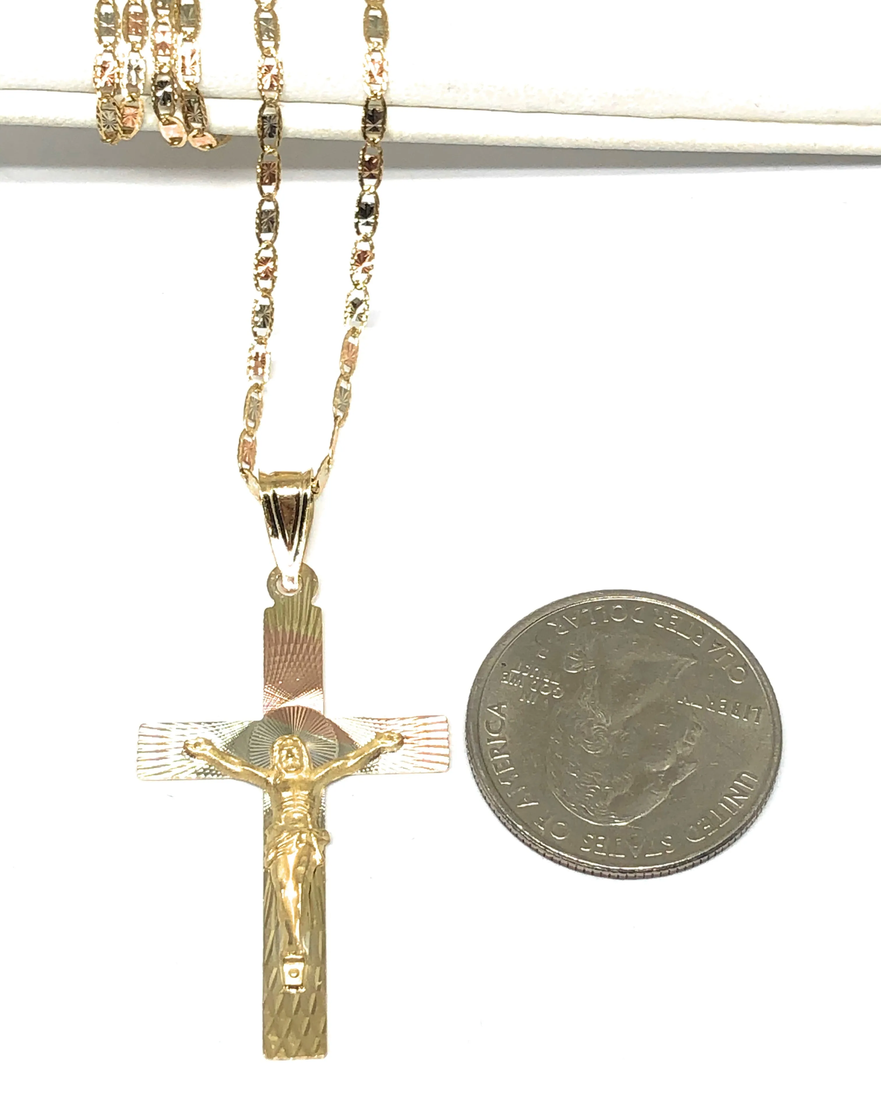 10k Solid Gold Tri-Color Laser Cut Classic Jesus Cross Pendant Necklace Crucifix Valentina Chain (MADE IN MX)