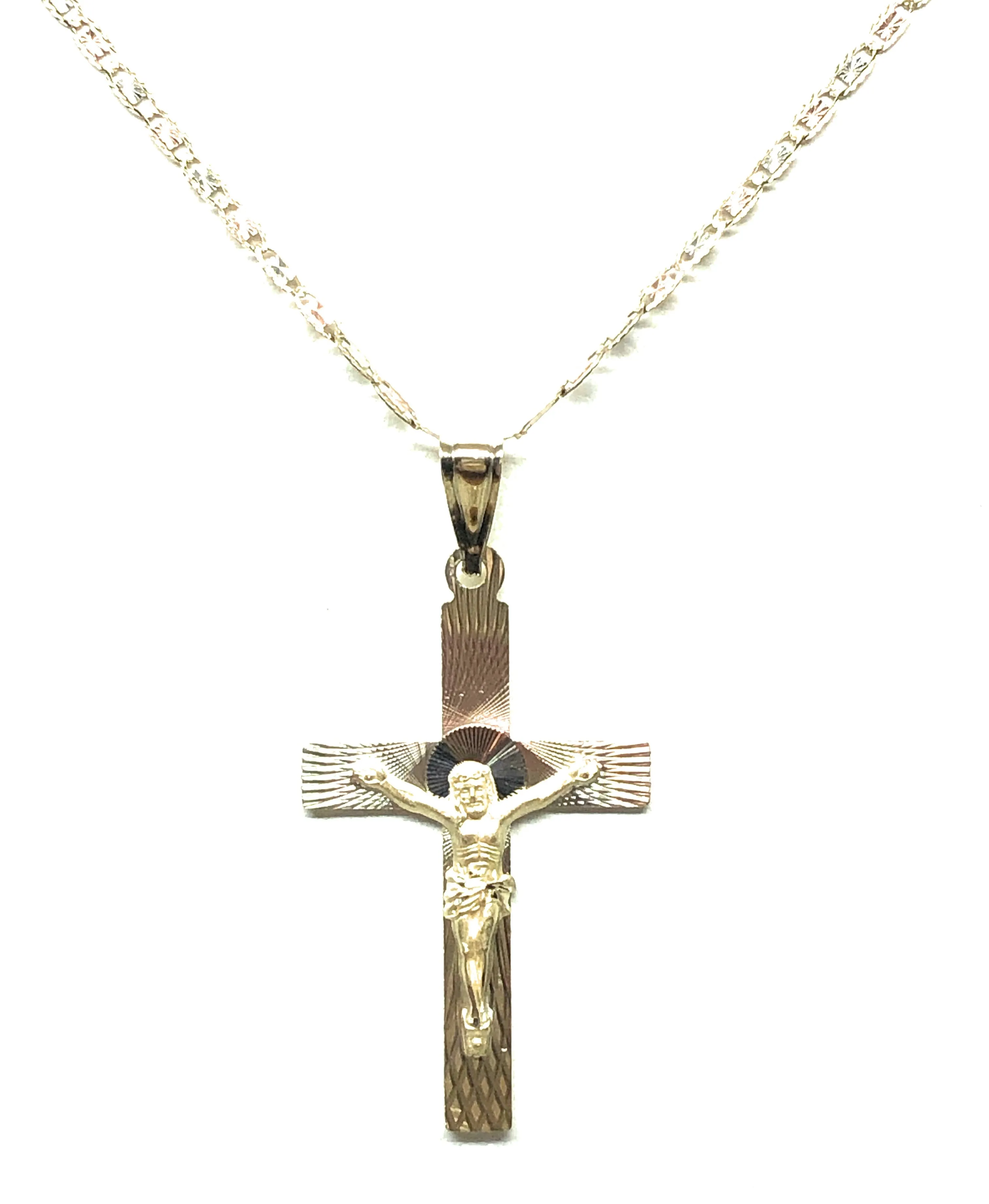 10k Solid Gold Tri-Color Laser Cut Classic Jesus Cross Pendant Necklace Crucifix Valentina Chain (MADE IN MX)