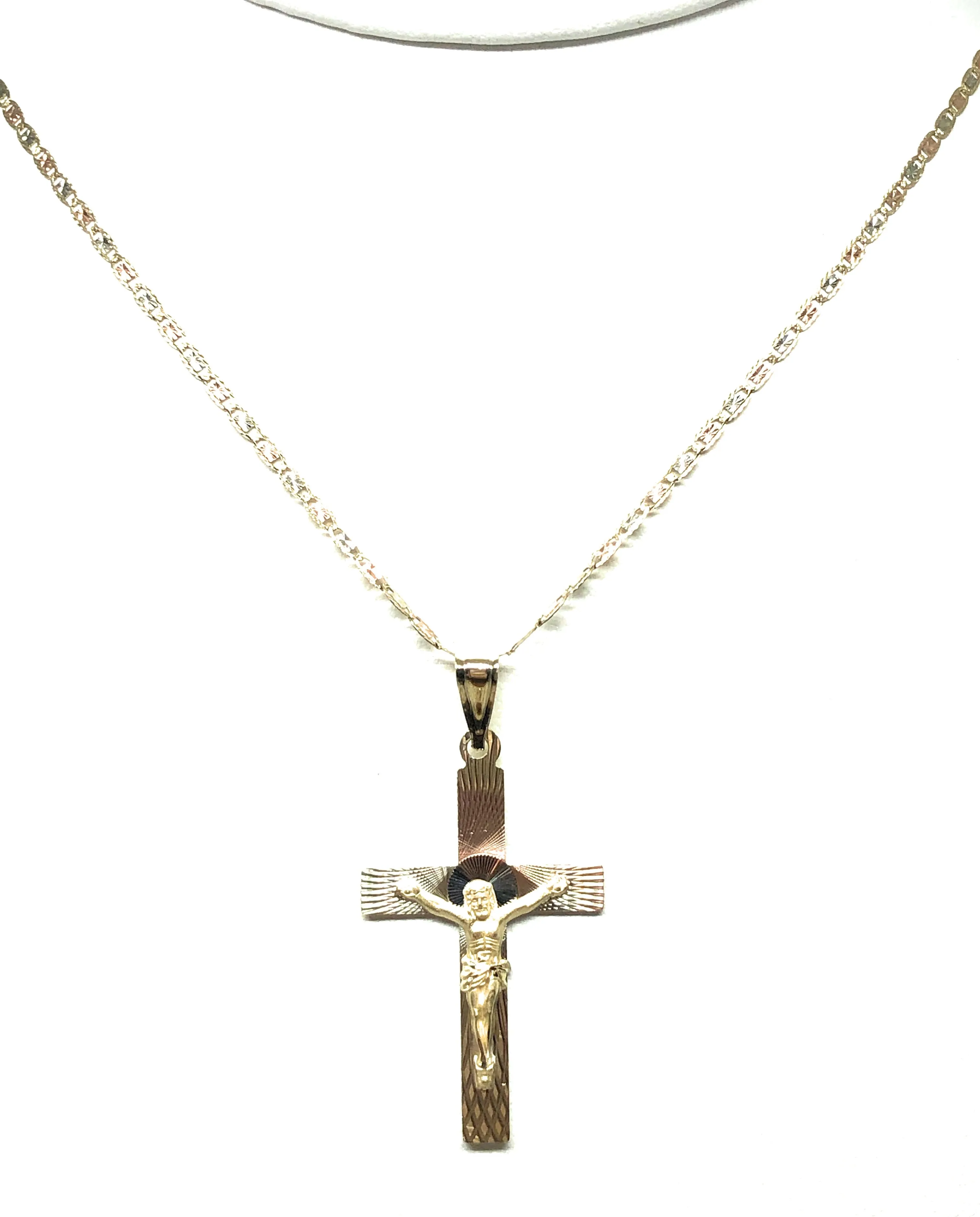 10k Solid Gold Tri-Color Laser Cut Classic Jesus Cross Pendant Necklace Crucifix Valentina Chain (MADE IN MX)