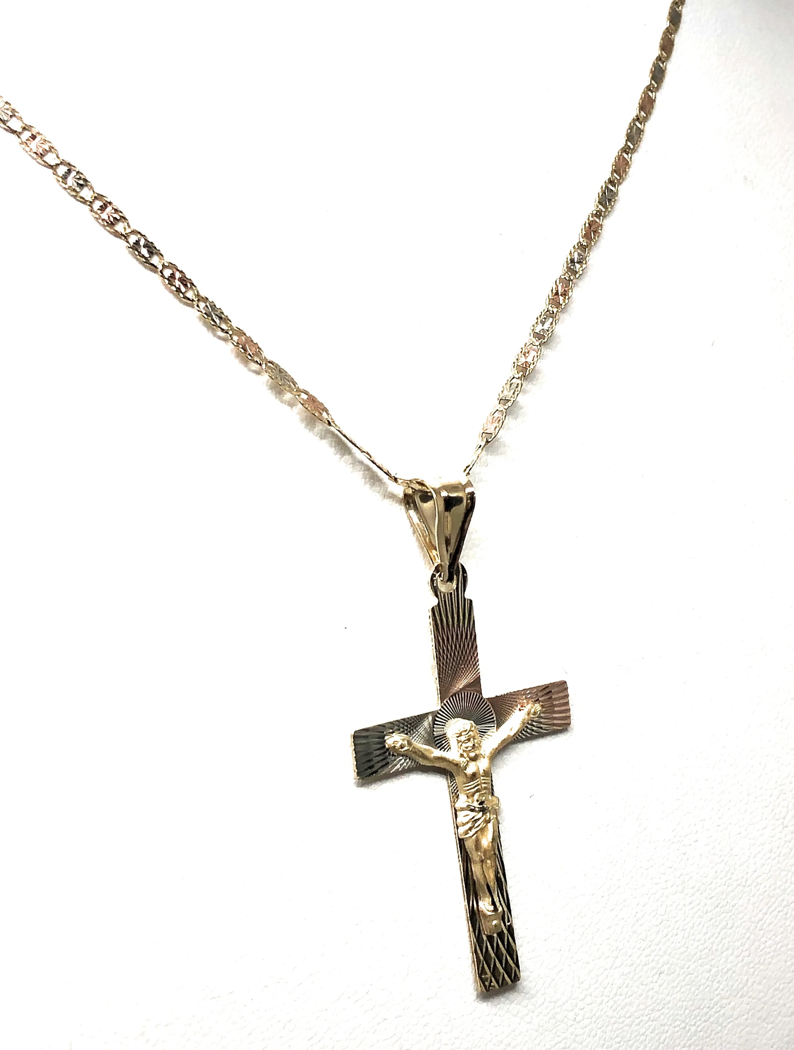 10k Solid Gold Tri-Color Laser Cut Classic Jesus Cross Pendant Necklace Crucifix Valentina Chain (MADE IN MX)