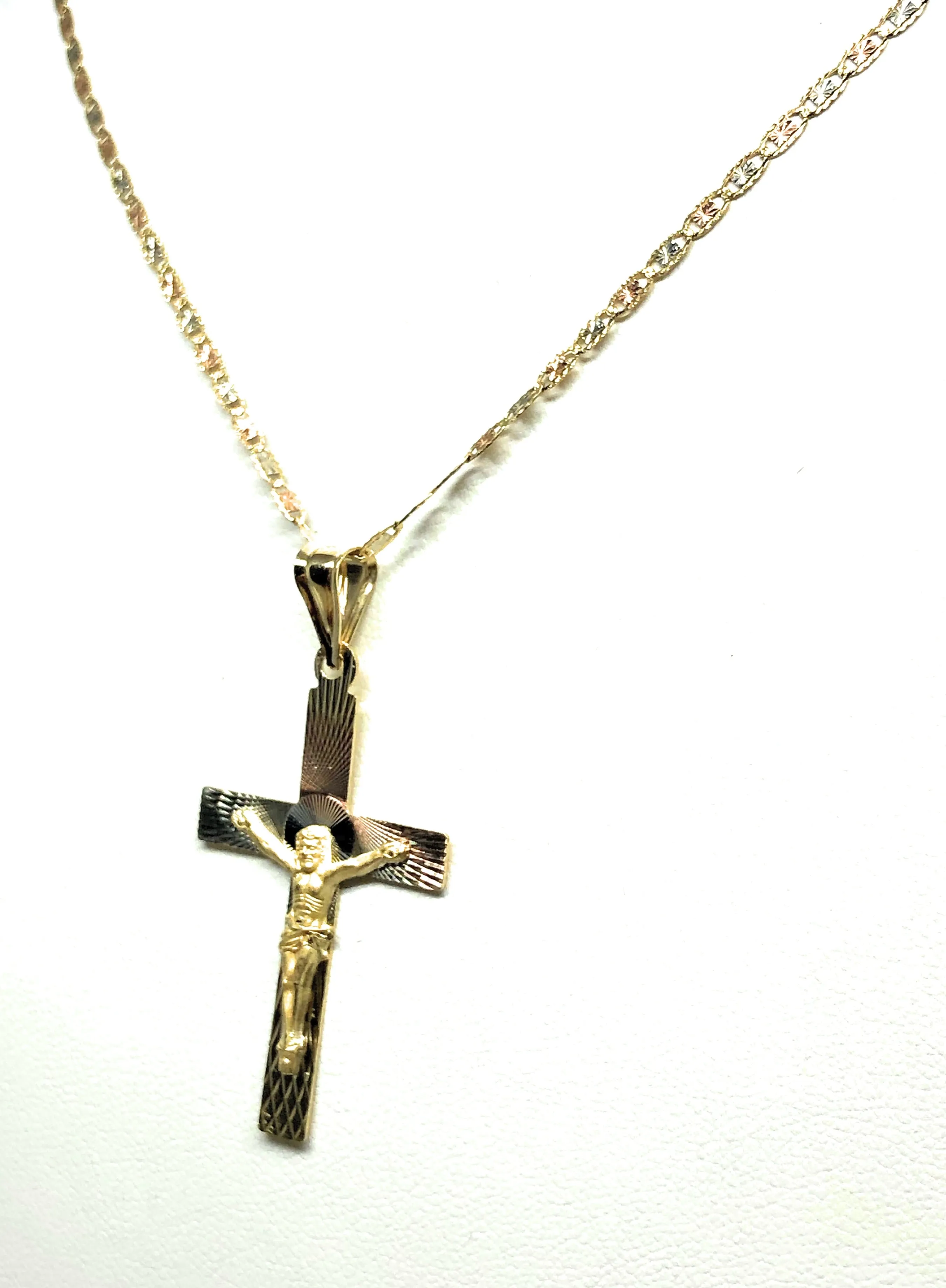 10k Solid Gold Tri-Color Laser Cut Classic Jesus Cross Pendant Necklace Crucifix Valentina Chain (MADE IN MX)