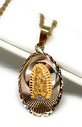 10k Solid Gold Tri-Color Virrgin Mary Laser Cut Pendant Necklace Virrgen Gaudalupe (MADE IN MX)