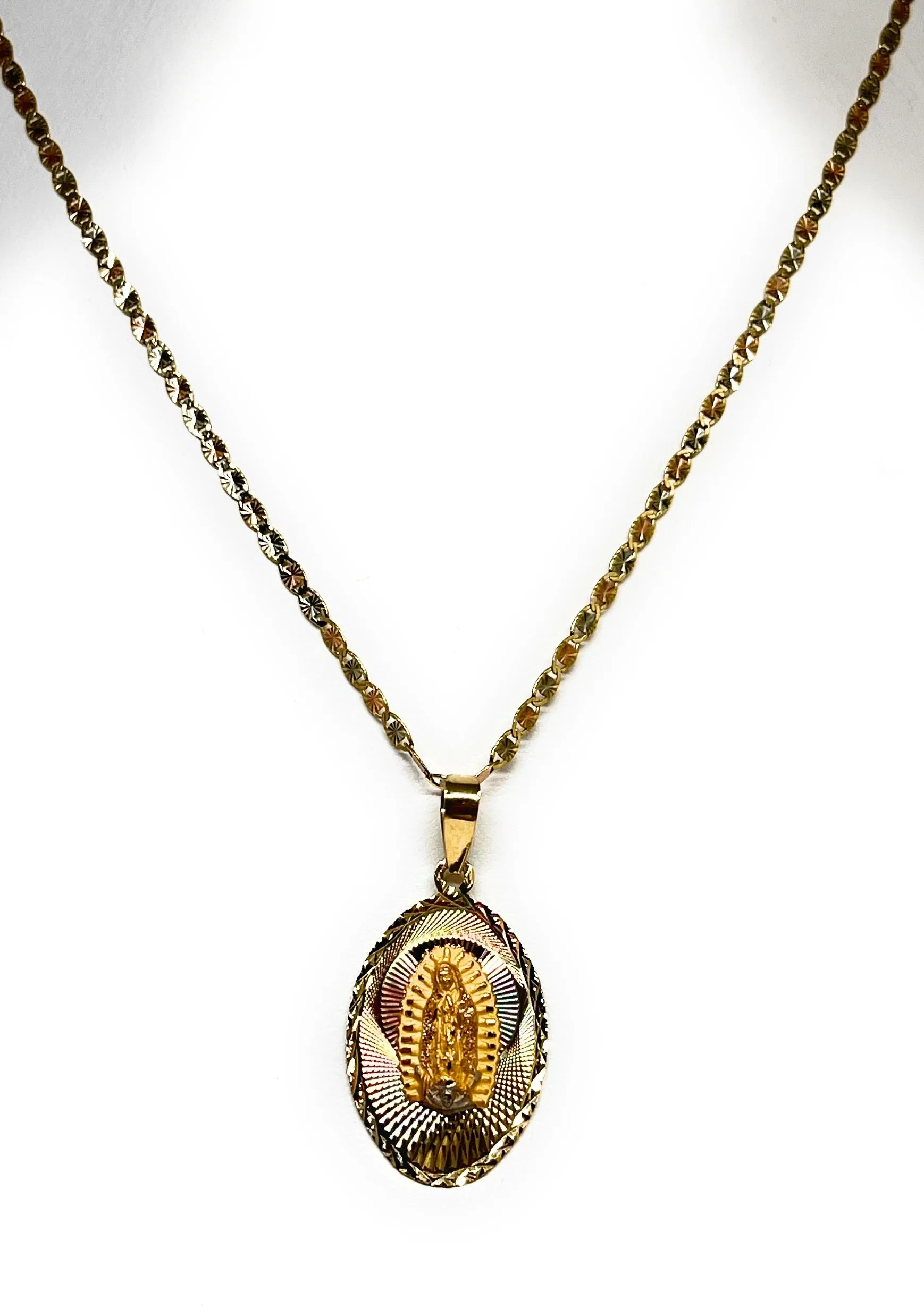 10k Solid Gold Tri-Color Virrgin Mary Laser Cut Pendant Necklace Virrgen Gaudalupe (MADE IN MX)