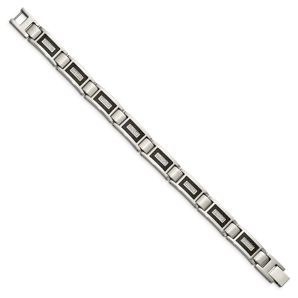 11mm Stainless Steel, CZ & Black Carbon Fiber Link Bracelet, 8.75 In