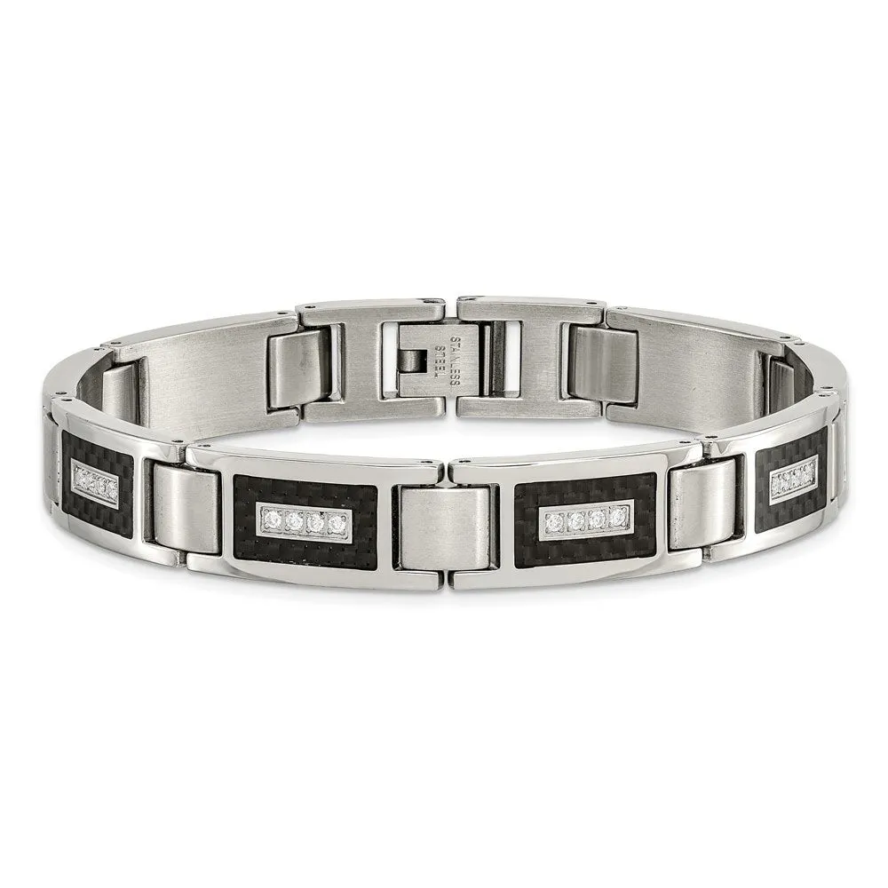 11mm Stainless Steel, CZ & Black Carbon Fiber Link Bracelet, 8.75 In