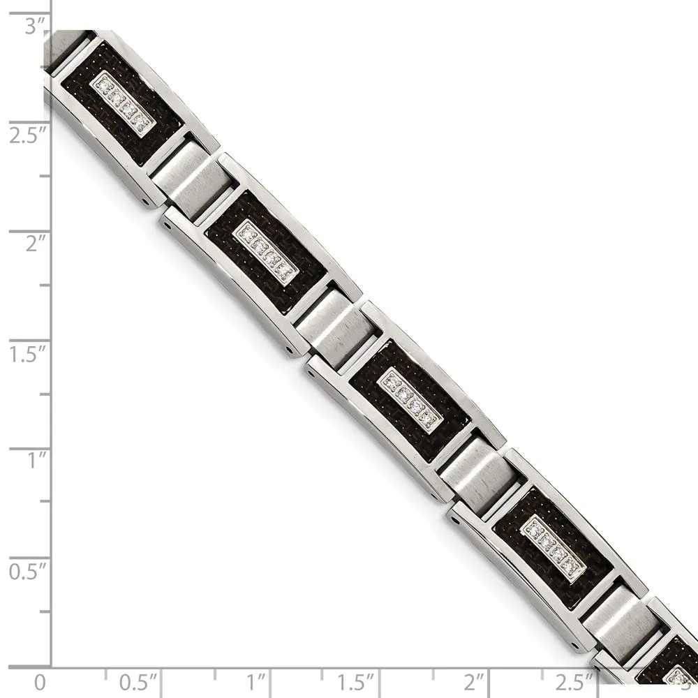 11mm Stainless Steel, CZ & Black Carbon Fiber Link Bracelet, 8.75 In