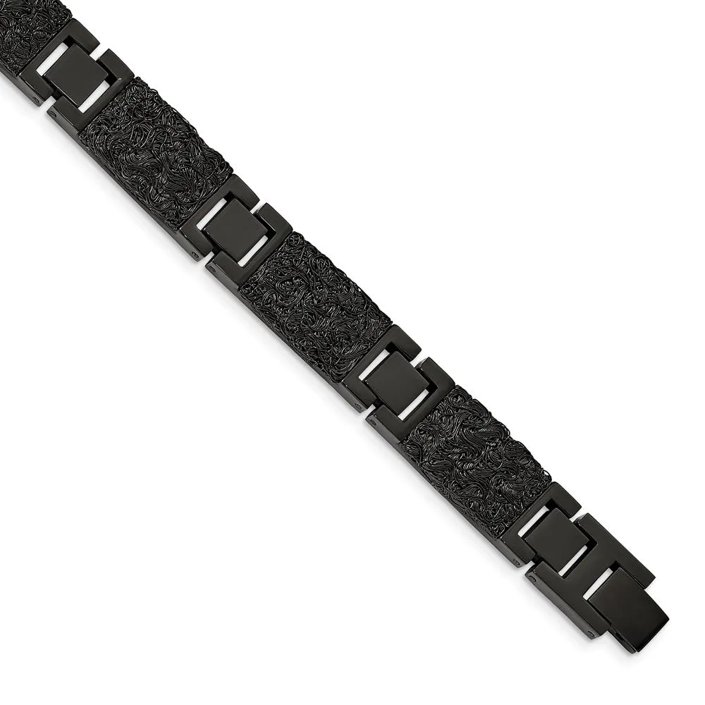 12mm Black Plated Stainless Steel Textured Wire Link Bracelet, 8.5 In