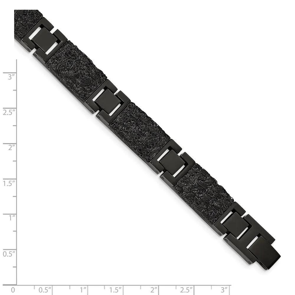 12mm Black Plated Stainless Steel Textured Wire Link Bracelet, 8.5 In