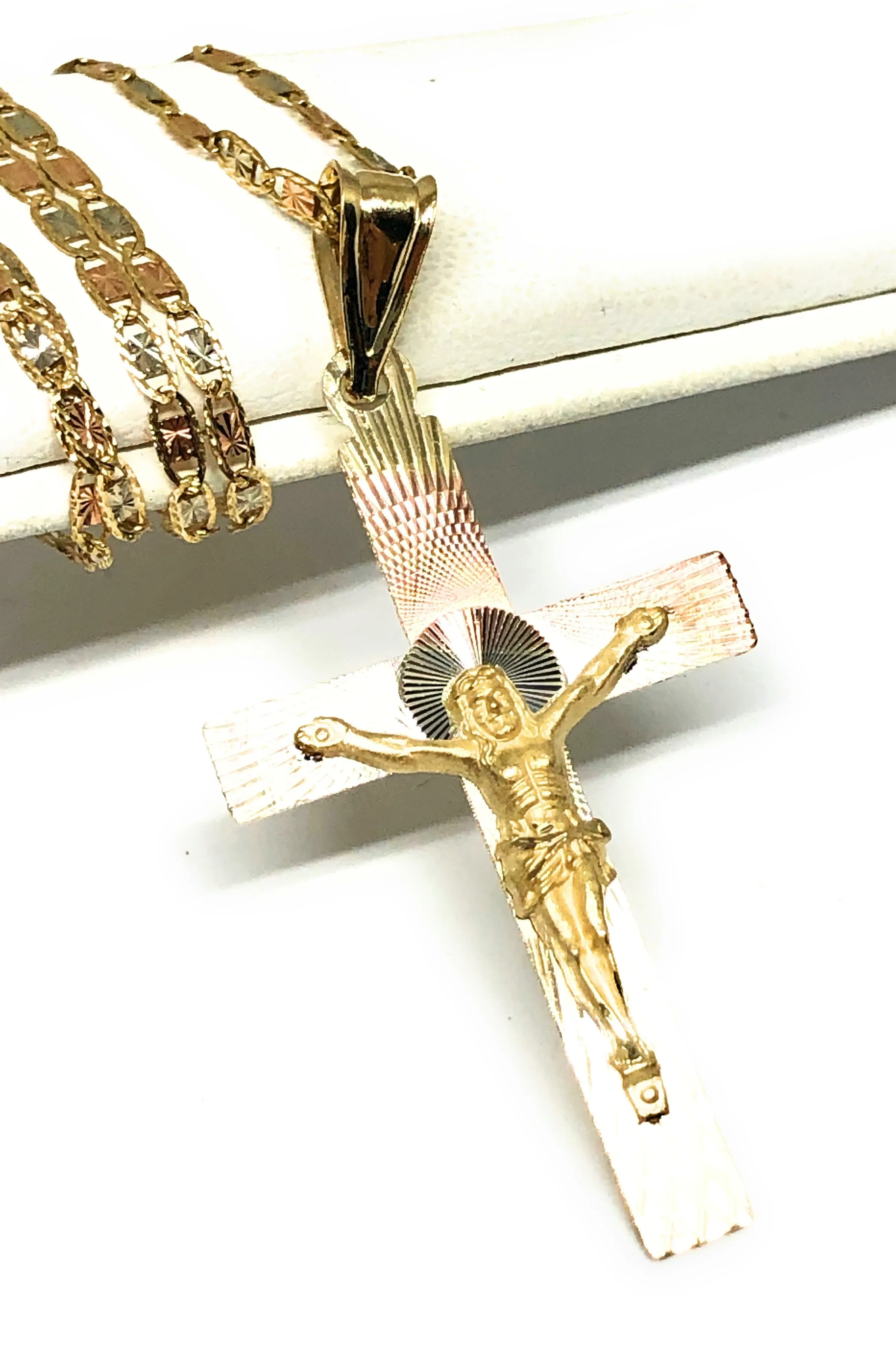 14k Solid Gold Tri-Color Laser Cut Classic Jesus Cross Pendant Necklace Crucifix With Valentina Chain