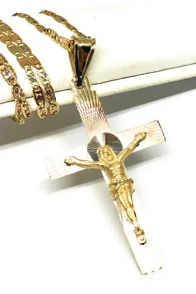 14k Solid Gold Tri-Color Laser Cut Classic Jesus Cross Pendant Necklace Crucifix With Valentina Chain