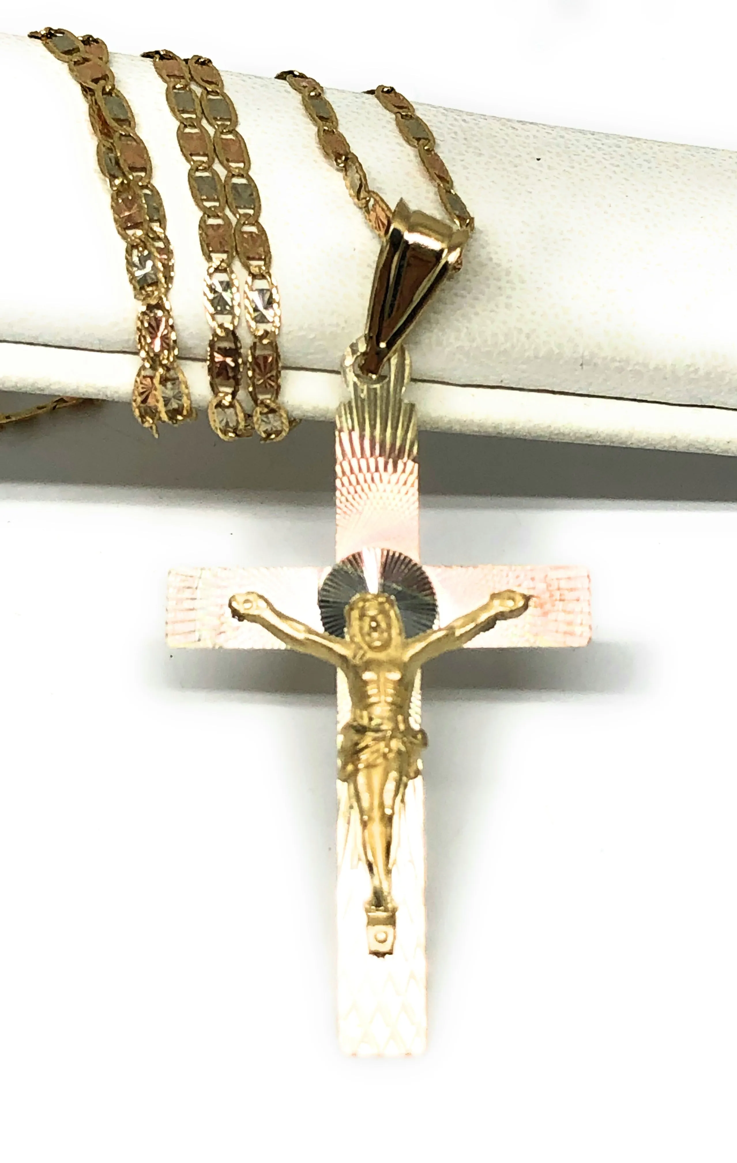 14k Solid Gold Tri-Color Laser Cut Classic Jesus Cross Pendant Necklace Crucifix With Valentina Chain