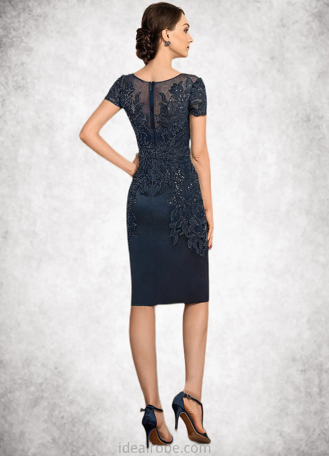 Aurora Sheath/Column Scoop Neck Knee-Length Satin Lace Mother of the Bride Dress With Sequins STK126P0014586