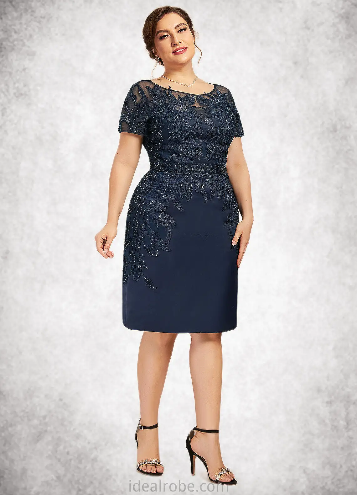 Aurora Sheath/Column Scoop Neck Knee-Length Satin Lace Mother of the Bride Dress With Sequins STK126P0014586