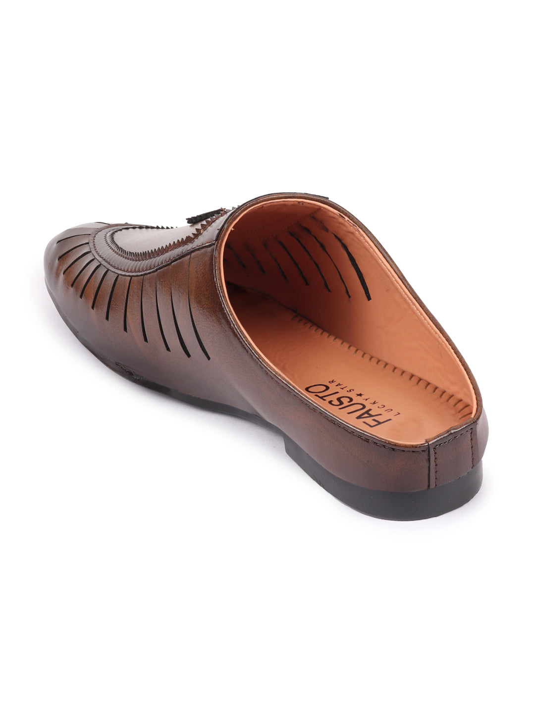 Basics Men Brown Back Open Laser Cut Design Classic Ethnic Slip On Mules