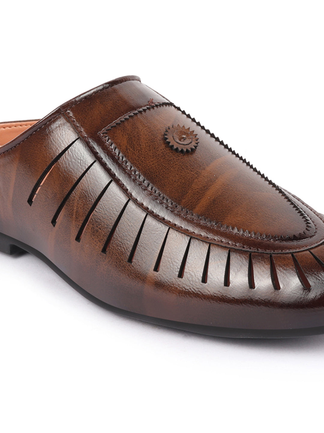 Basics Men Brown Back Open Laser Cut Design Classic Ethnic Slip On Mules