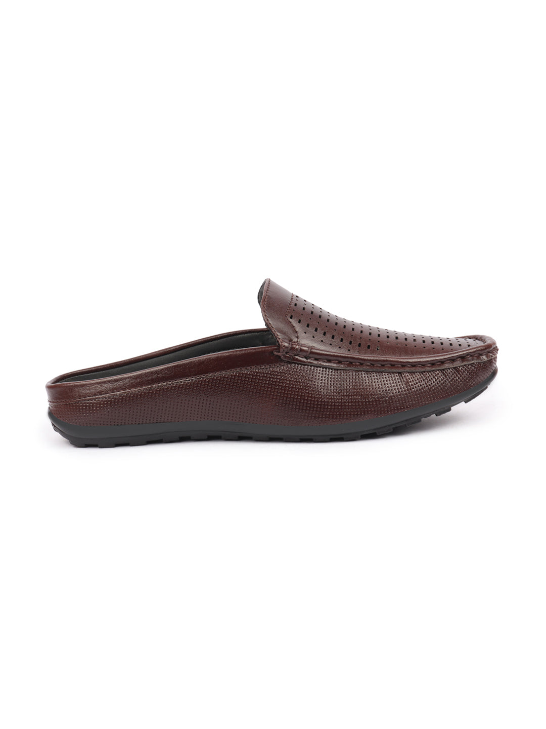 Basics Men Brown Back Open Laser Cut Design Textured Ethnic Casual Wedding Slip On Mules