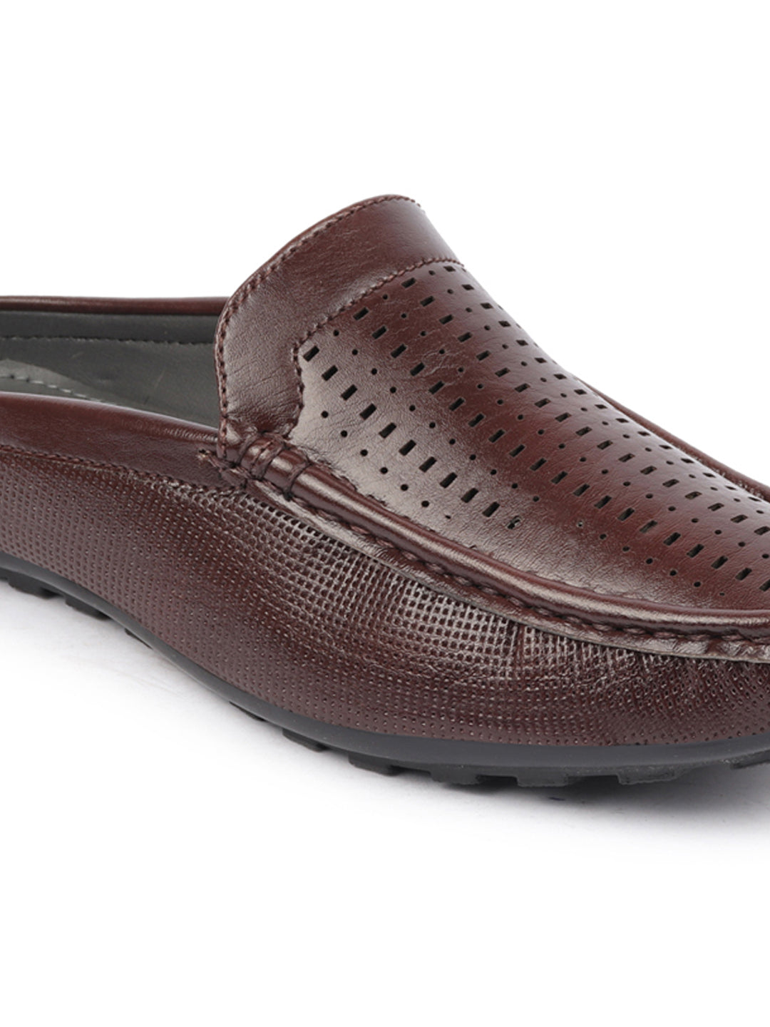 Basics Men Brown Back Open Laser Cut Design Textured Ethnic Casual Wedding Slip On Mules