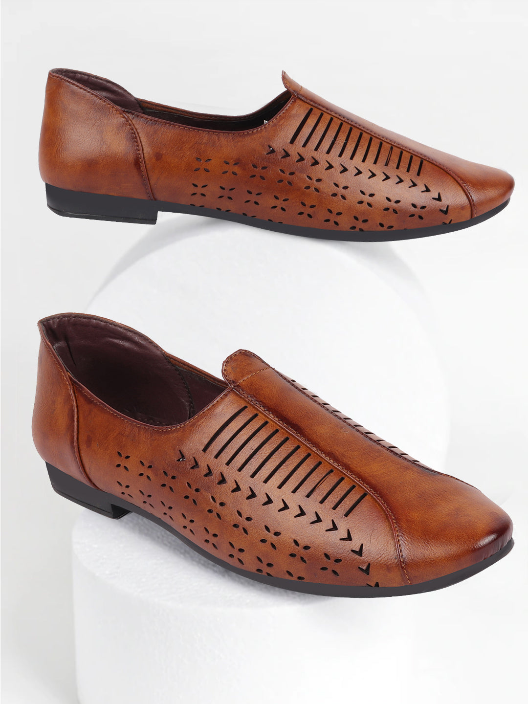 Basics Men Tan Laser Cut Design Stitched Ethnic Juttis and Mojaris