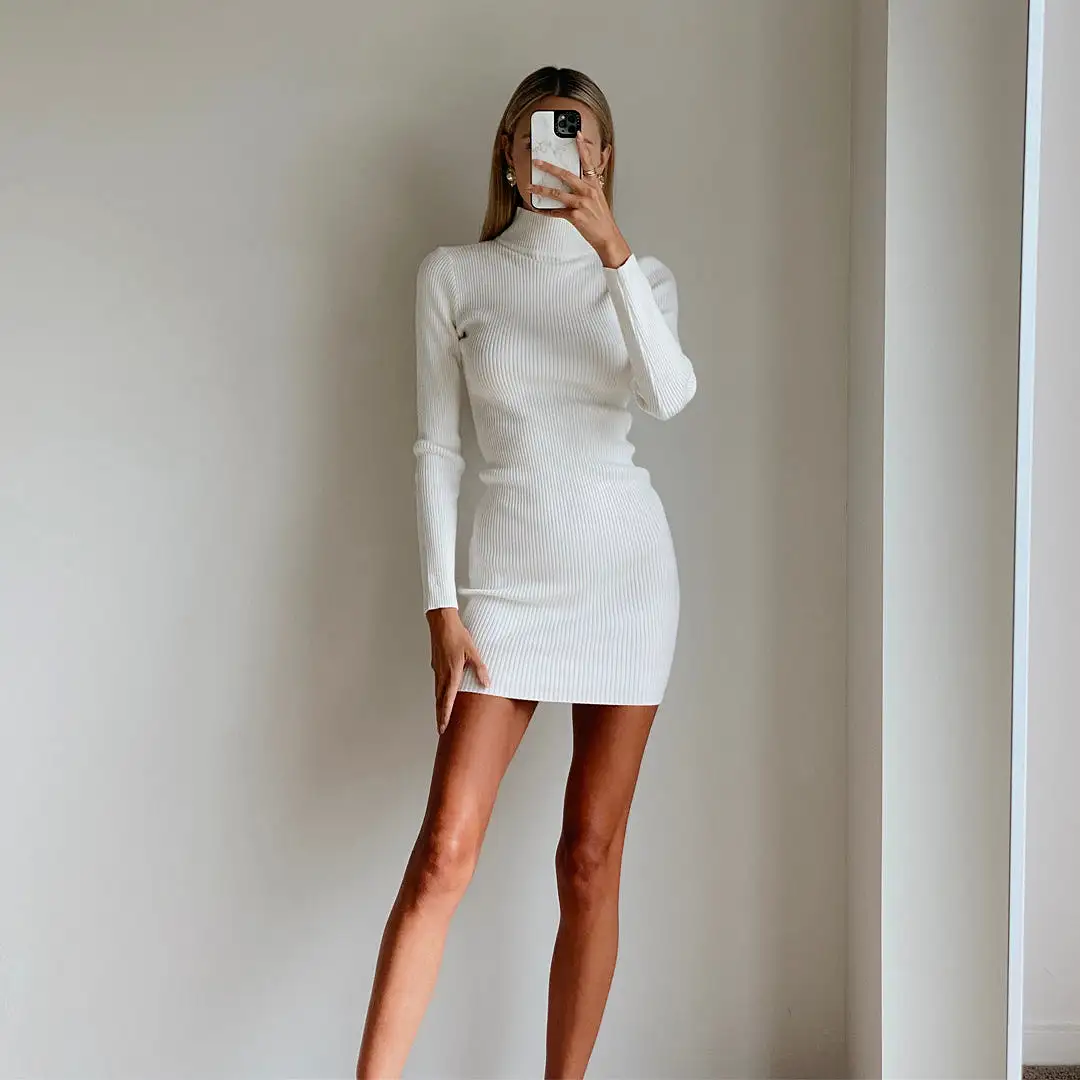 BASTET White High Neck Long Sleeve Bodycon Knit Mini Dress