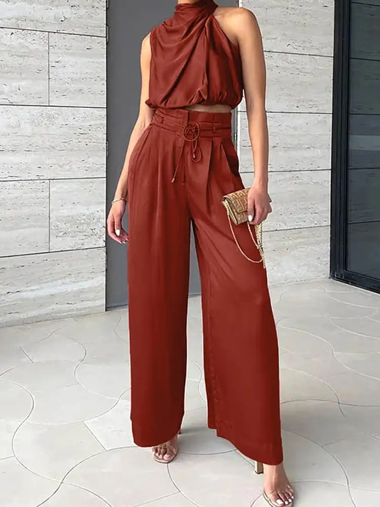 Beige Two Piece Pants Sets Women Outfit Silk Pleated Texture Sleeveless Top Wide Leg Pants Set Summer Matching Sets