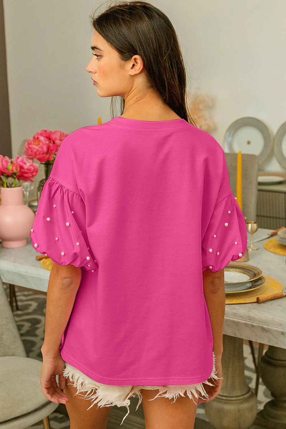 Betsy Puff Sleeve Pearl Decor Top