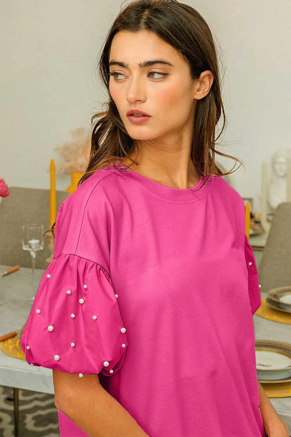 Betsy Puff Sleeve Pearl Decor Top