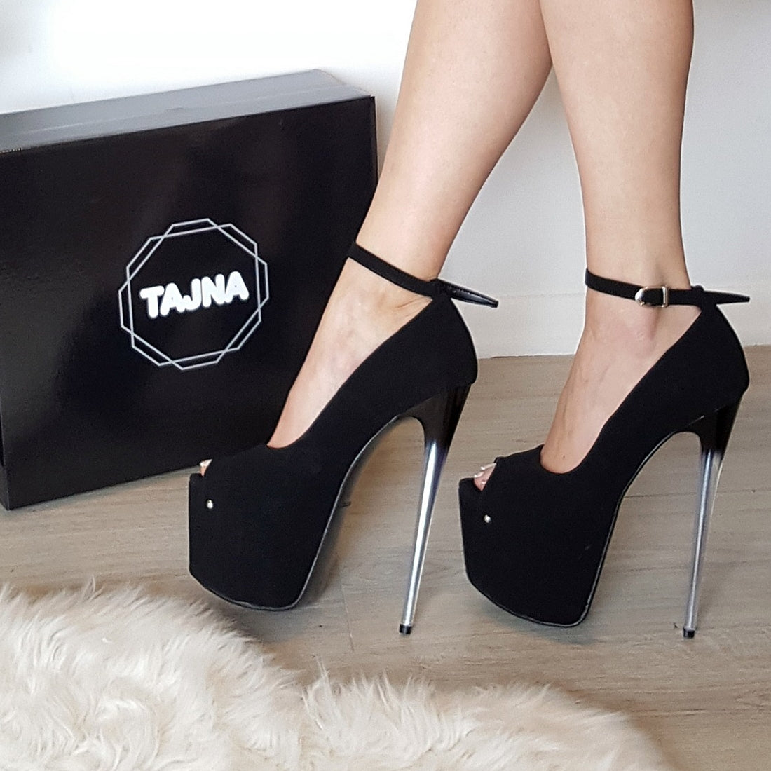 Black Faux Suede Ankle Strap 19 cm Glassy Heel Platforms