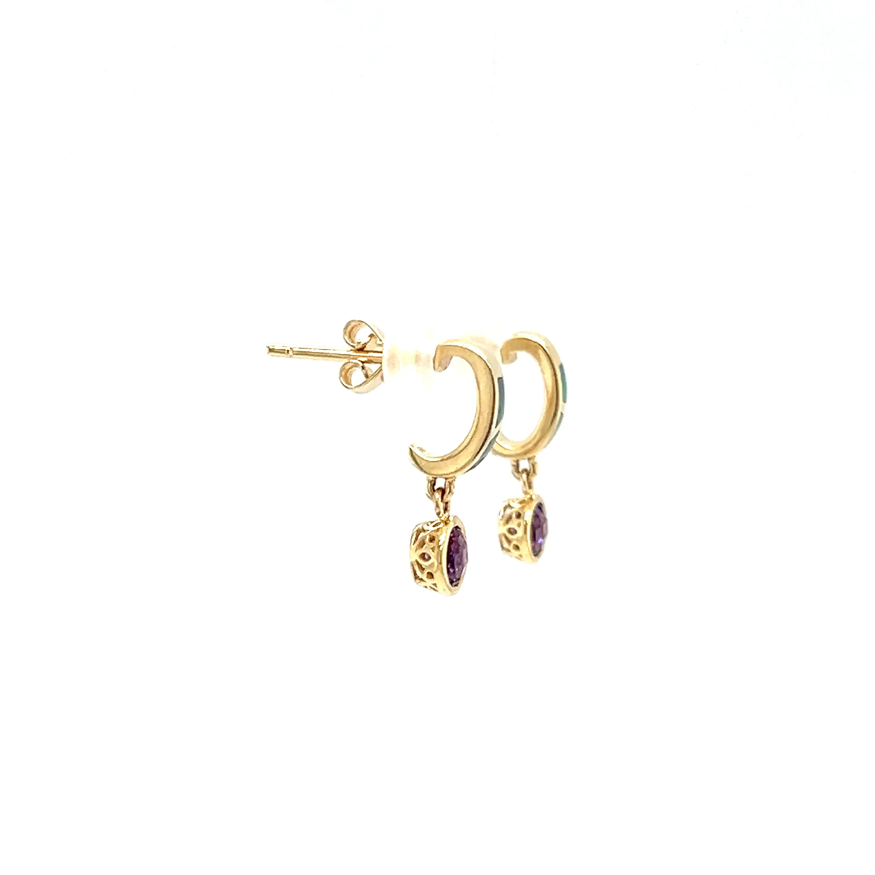 Black Opal C-Hoop Earrings with 0.5ctw of Amethyst in 14K Yellow Gold