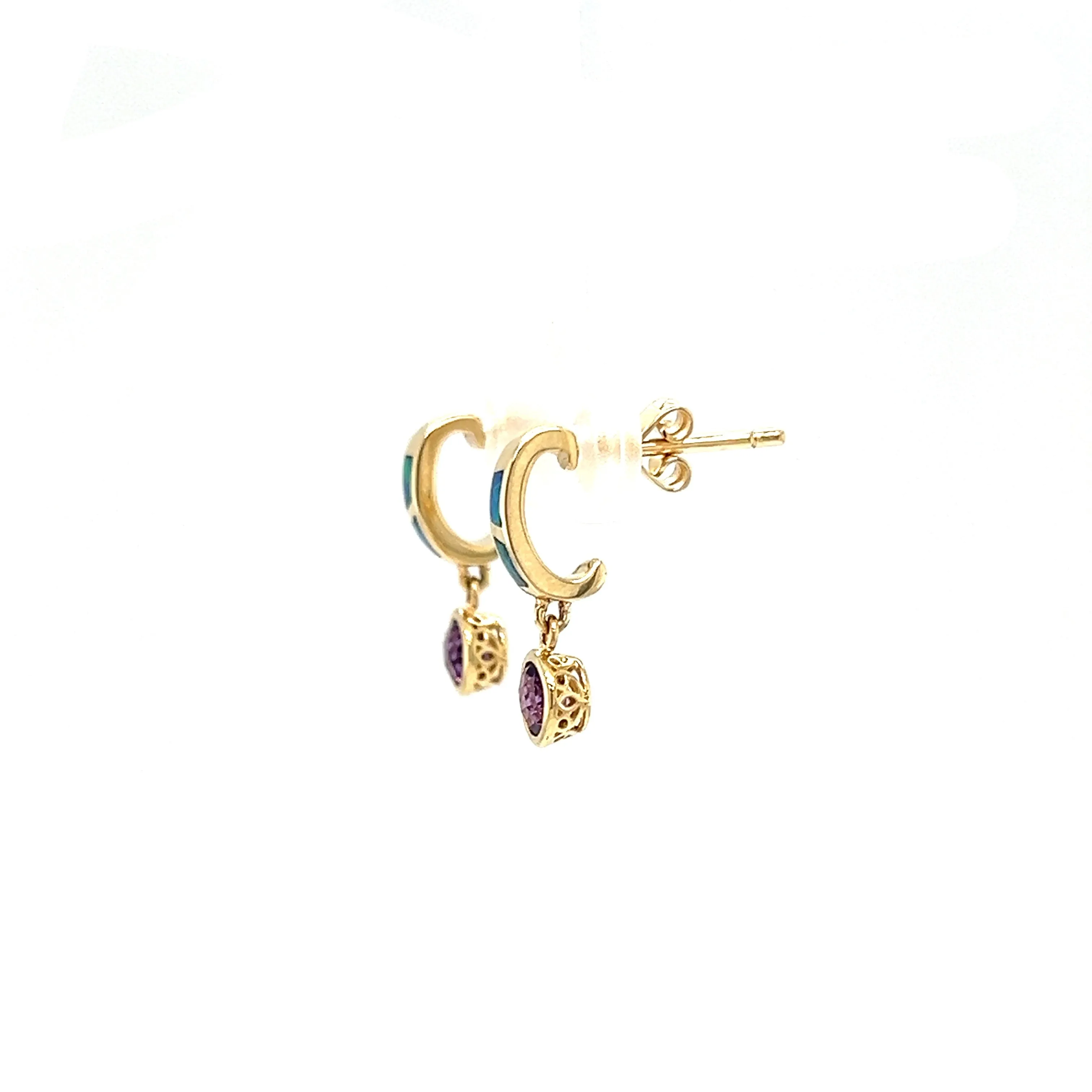 Black Opal C-Hoop Earrings with 0.5ctw of Amethyst in 14K Yellow Gold