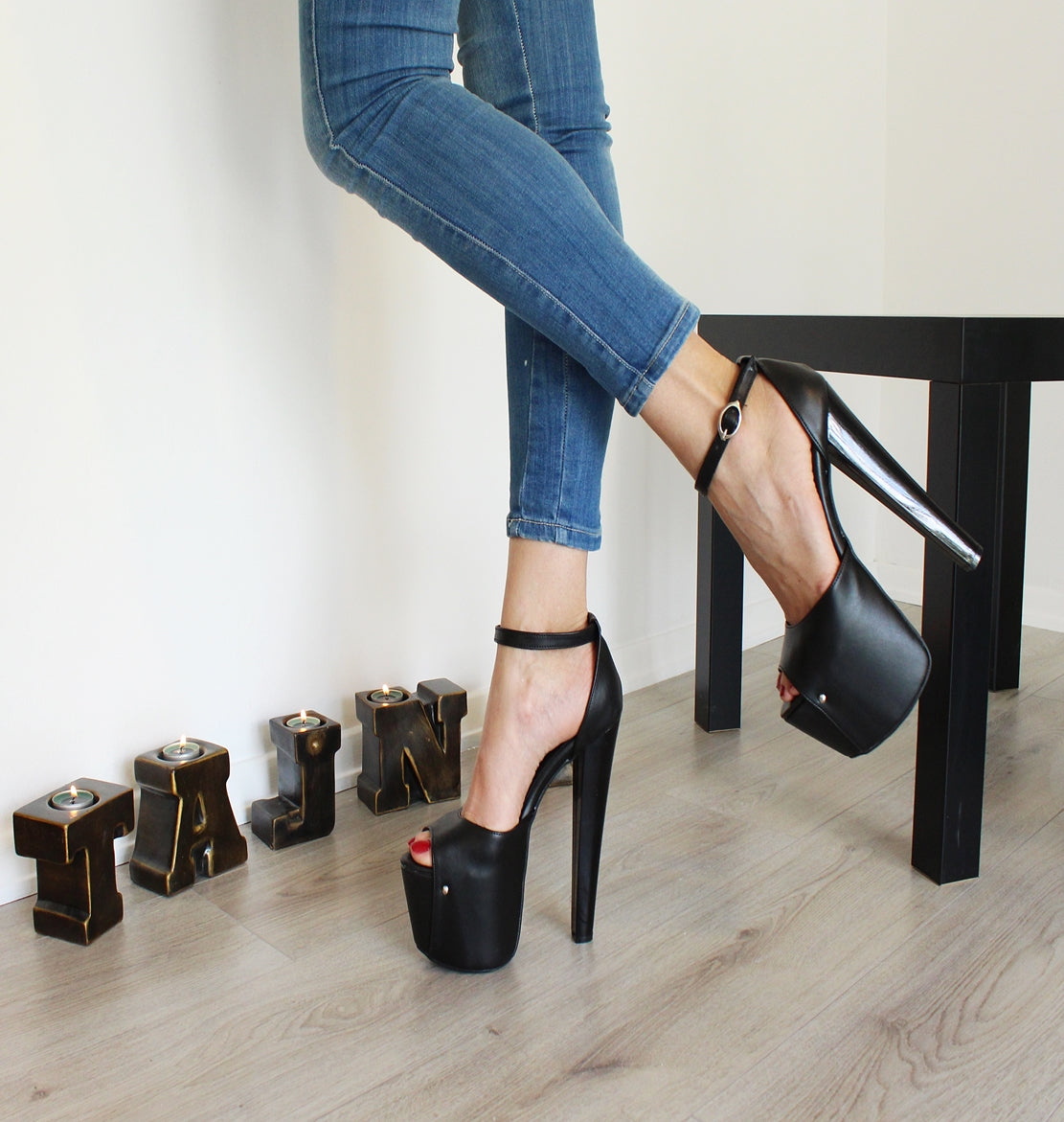 Black Peep Toe High Heel Platform Shoes