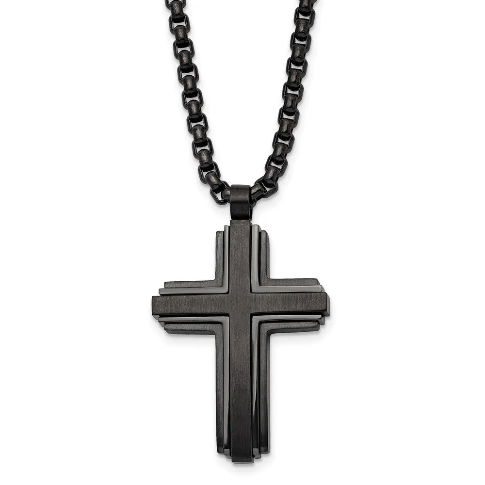 Black Plated Stainless Steel Brushed & Polished Cross Necklace, 24 In