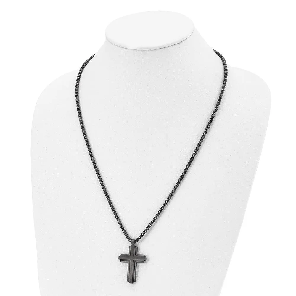 Black Plated Stainless Steel Brushed & Polished Cross Necklace, 24 In