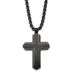 Black Plated Stainless Steel Brushed & Polished Cross Necklace, 24 In