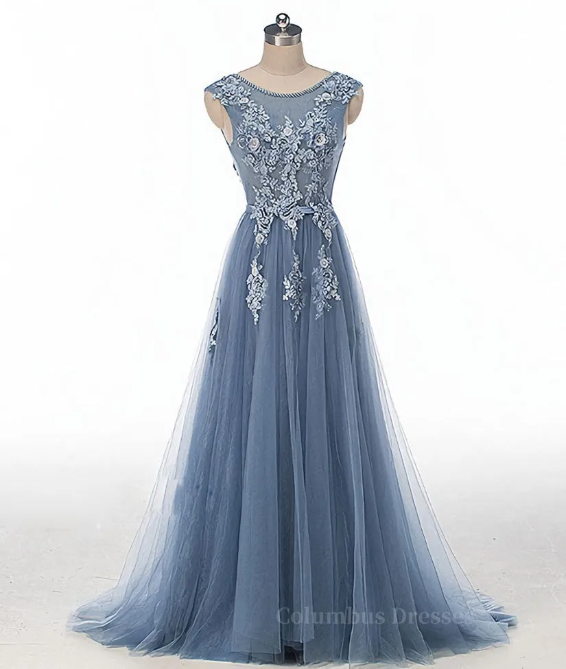 Blue round neck tulle lace applique long prom dress, blue evening dress