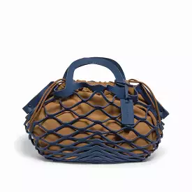 Blue royal-tan calfskin and fabric net bag