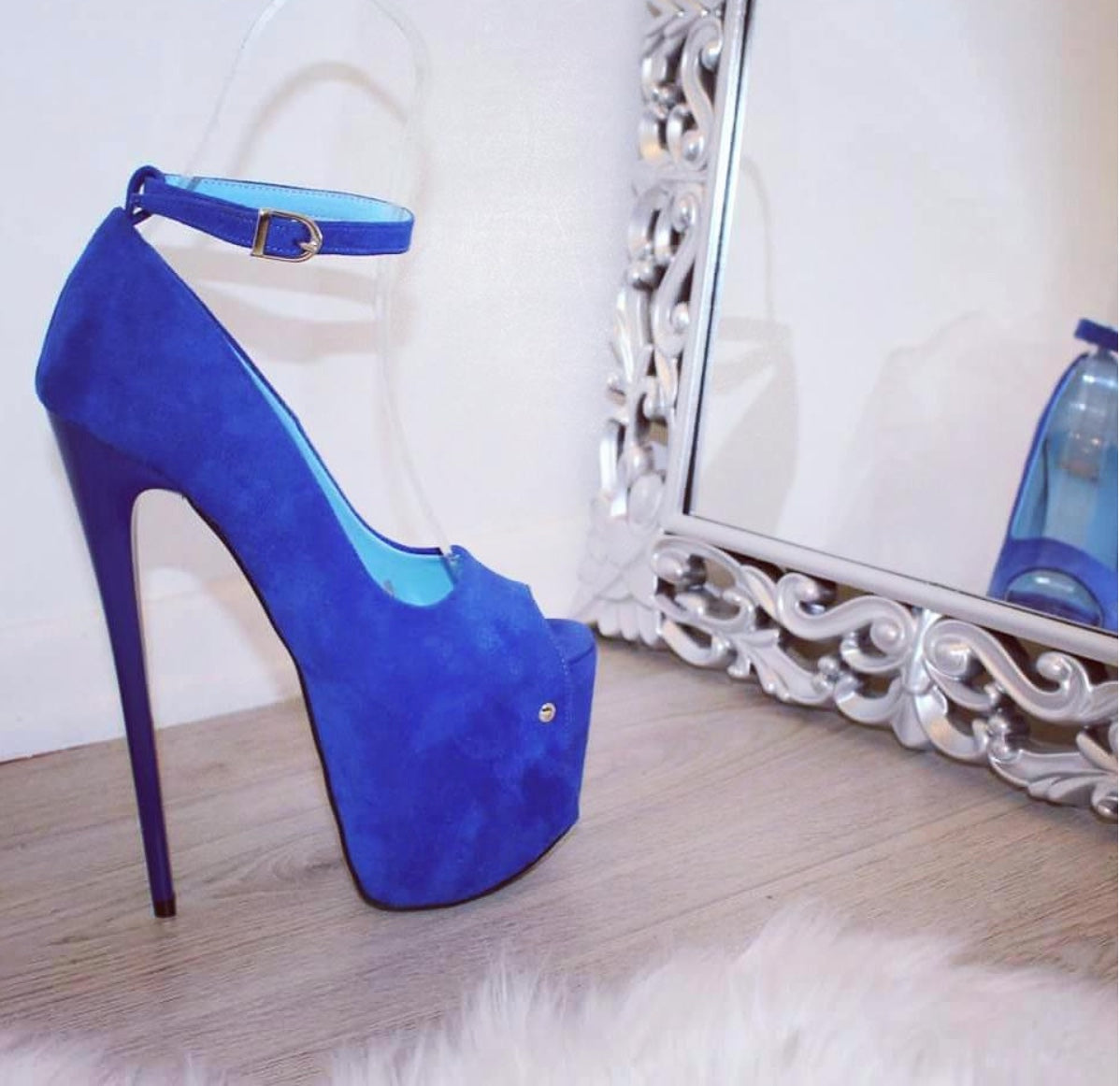 Blue Suede Peep Toe High Heel Platforms