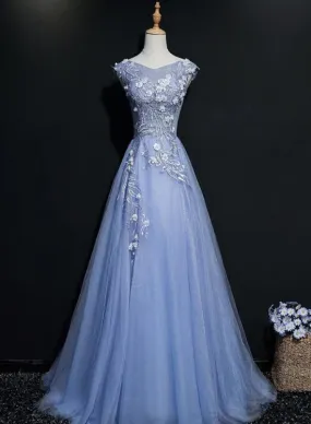 Blue Tulle V-neck Lace Flowers A-line Prom Dress, Blue Formal Dress Evening Dress