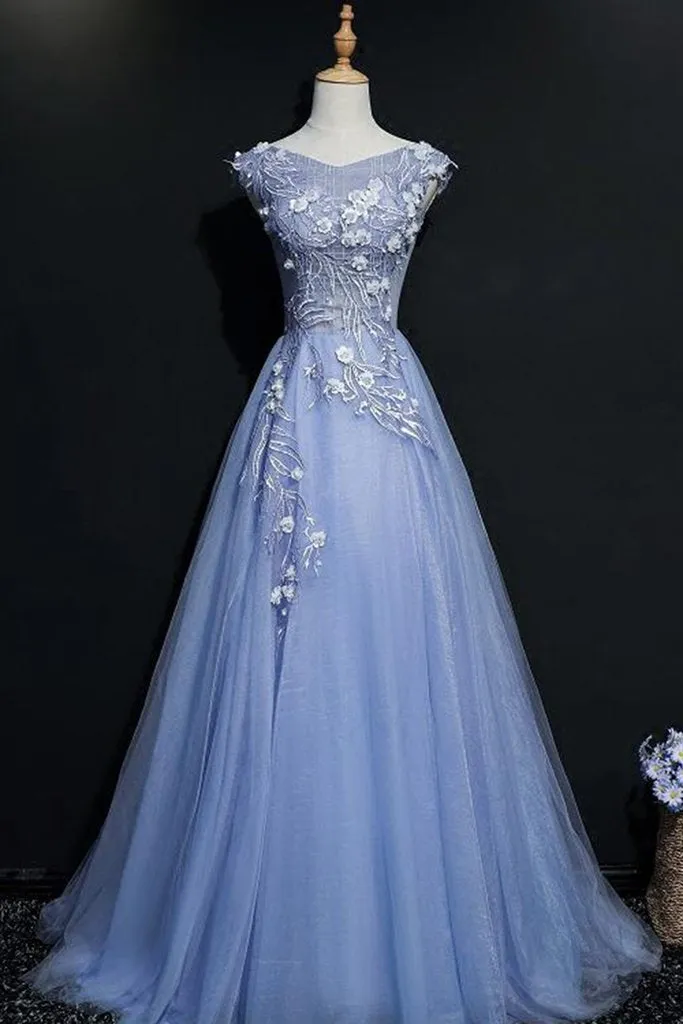 Blue Tulle V-neck Lace Flowers A-line Prom Dress, Blue Formal Dress Evening Dress