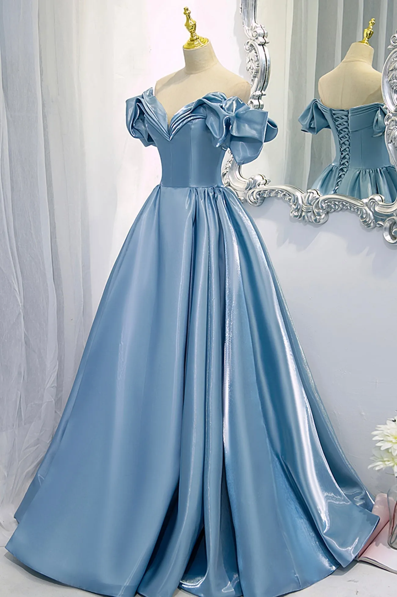 Blue V-Neck Satin Long Prom Dress, Off the Shoulder Evening Dress