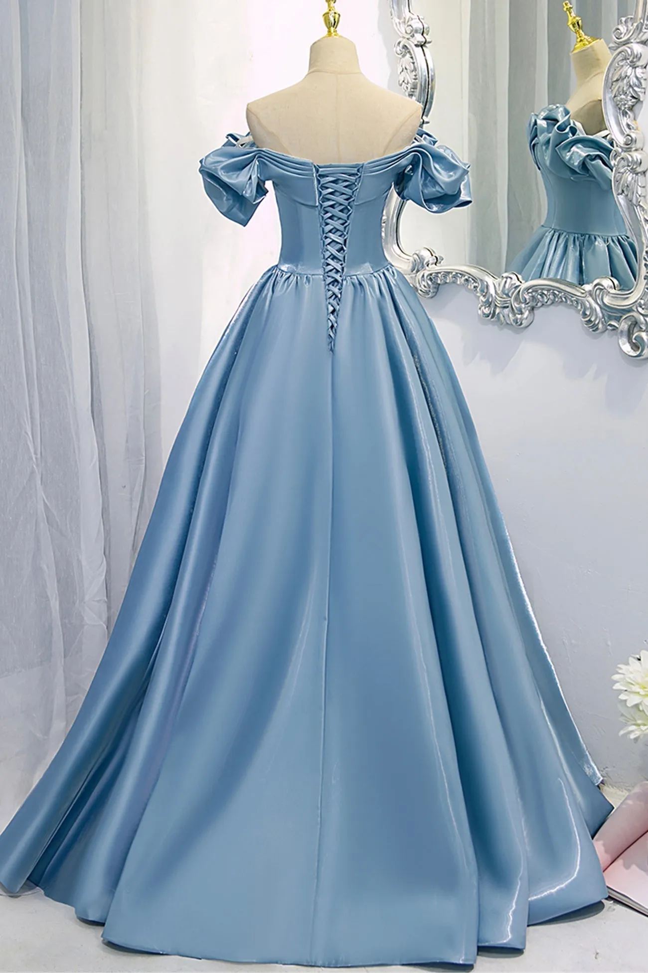 Blue V-Neck Satin Long Prom Dress, Off the Shoulder Evening Dress