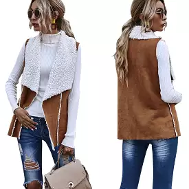 Casual Two Ways Wear Big Lapel Waistcoat Fashion Sleeveless Simple Stitching Lamb Wool Vest Women Autumn Winter Coat Suede Tank