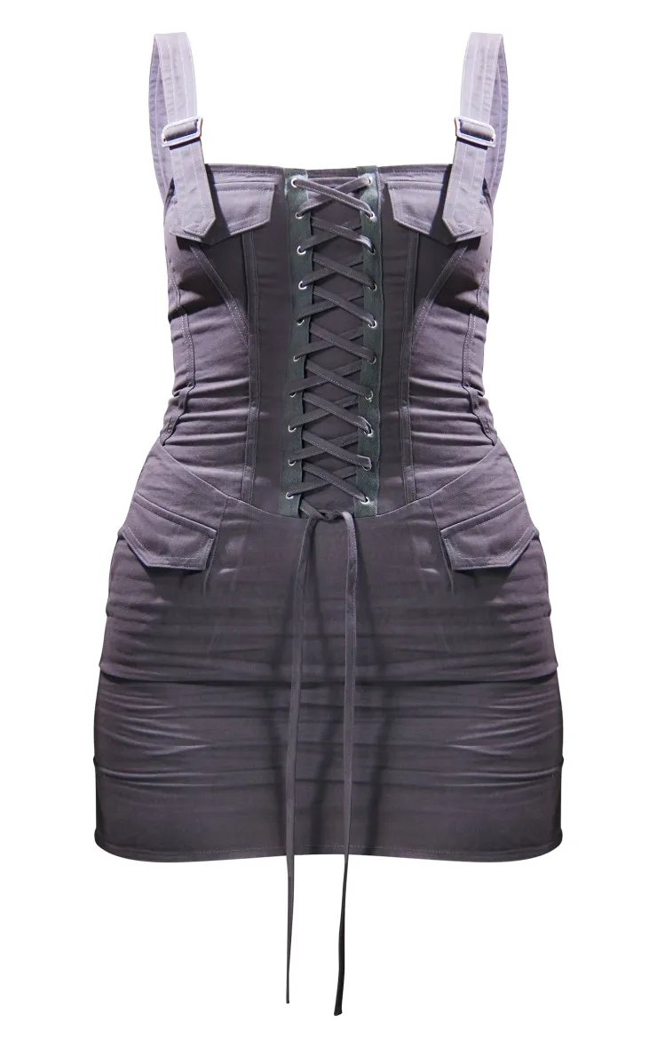 Charcoal Cargo Lace Up Buckle Strap Bodycon Dress