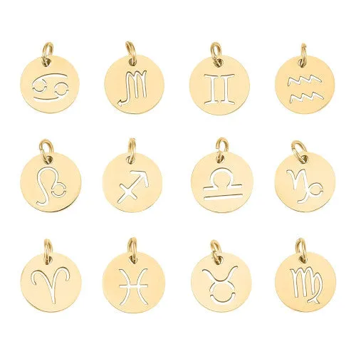 Charms, 201 Stainless Steel, Zodiac Signs, Laser-Cut, Flat, Round, With Jump Ring, Golden, 12mm