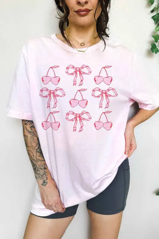 CHERRY RIBBON BOW VALENTINES OVERSIZED GRAPHIC TEE