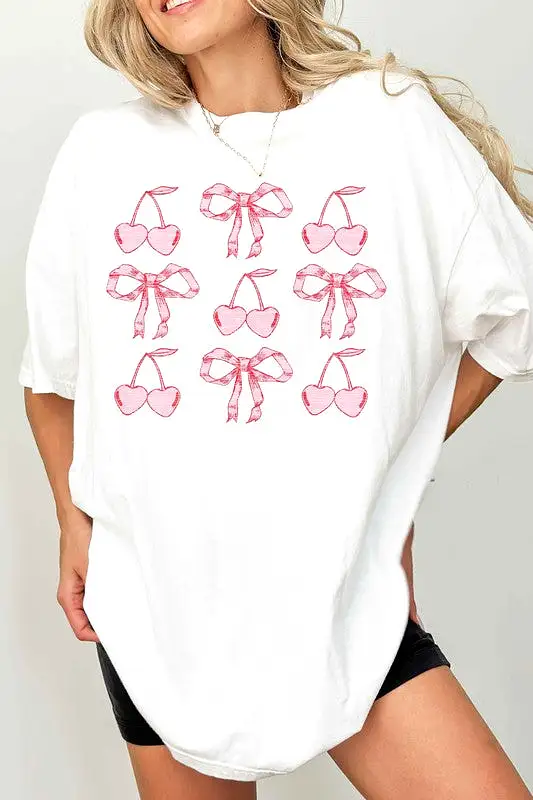 CHERRY RIBBON BOW VALENTINES OVERSIZED GRAPHIC TEE