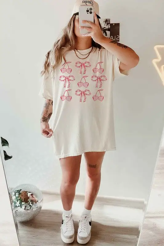 CHERRY RIBBON BOW VALENTINES OVERSIZED GRAPHIC TEE