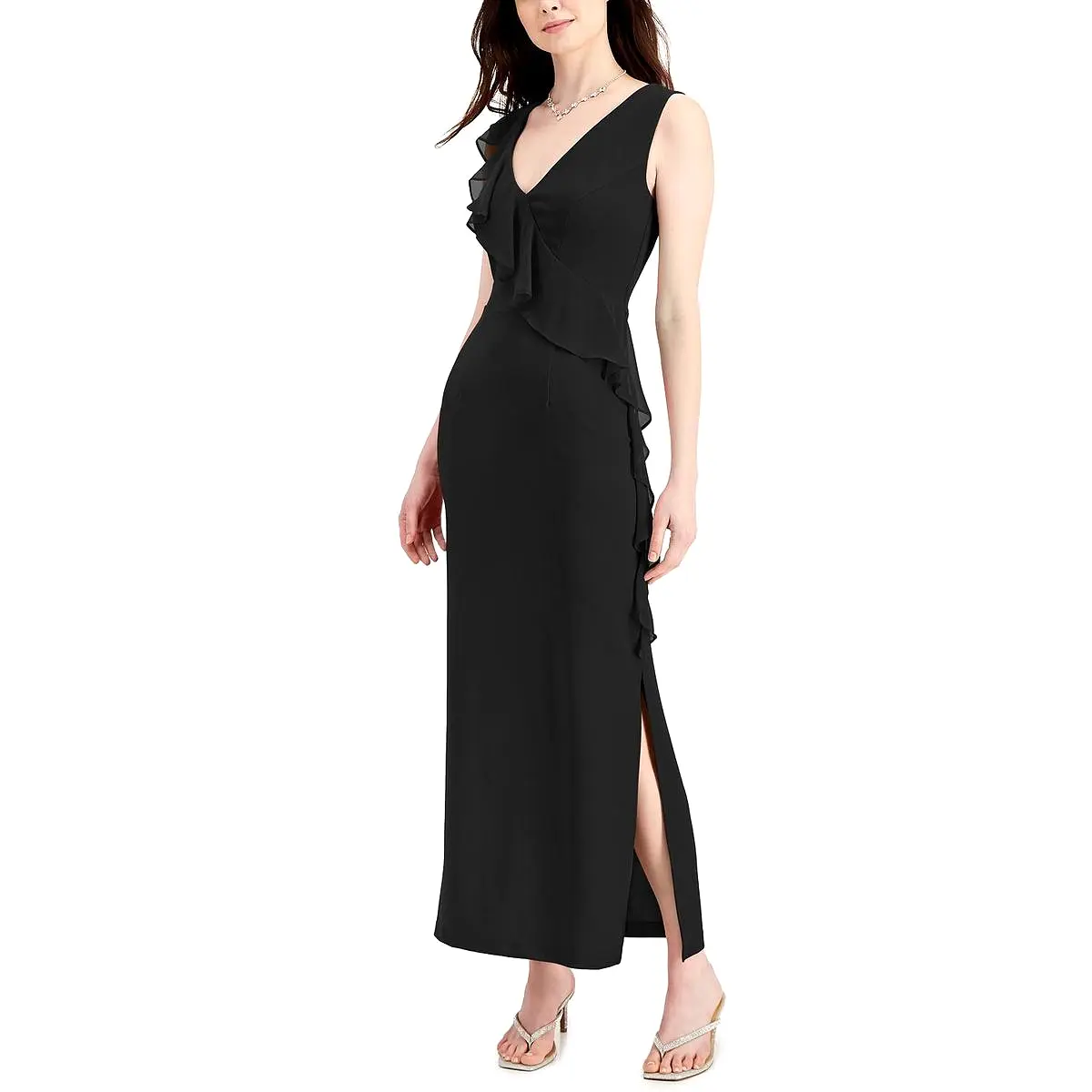 Connected Apparel Womens Cascade Ruffle V Neck Evening Dress