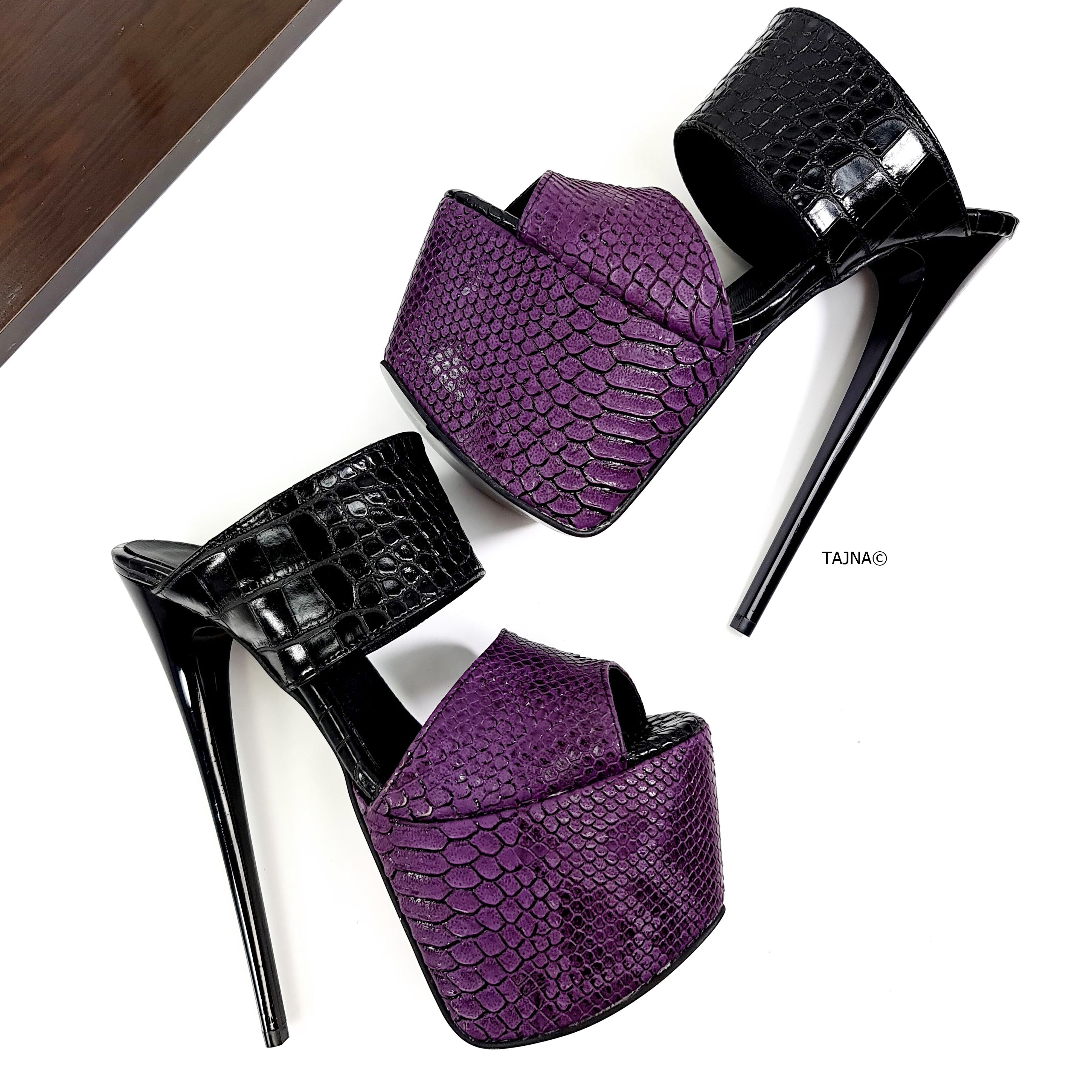 Croco Purple Black Double Strap High Heel Mules