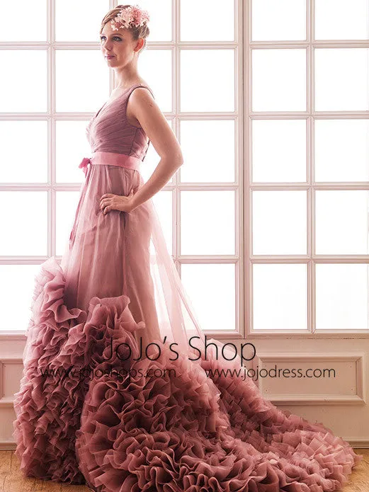 Dusty Pink V Neck Prom Formal Evening Dress with Ruffles | RS3005