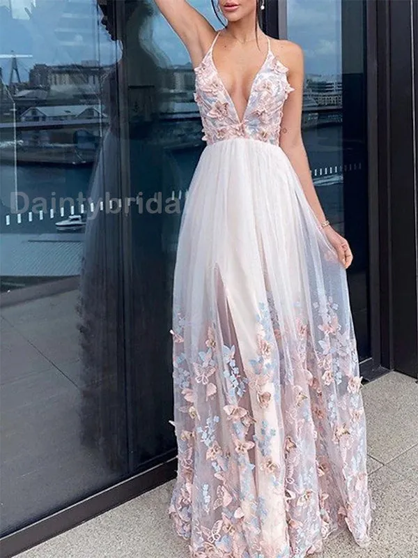 Elegant Spaghetti Straps V-neck Side Slit Long Tulle Evening Prom Dress Online, OL073